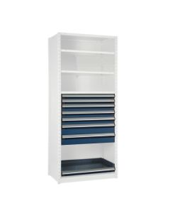 Bank of 7 Drawers - 2x 3"H, 3x 4"H, 2x 6"H, 1x Roll-Out Shelf (36"W x 18"D x 48"H)