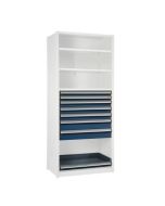 Bank of 7 Drawers - 2x 3"H, 3x 4"H, 2x 6"H, 1x Roll-Out Shelf (48"W x 18"D x 48"H)